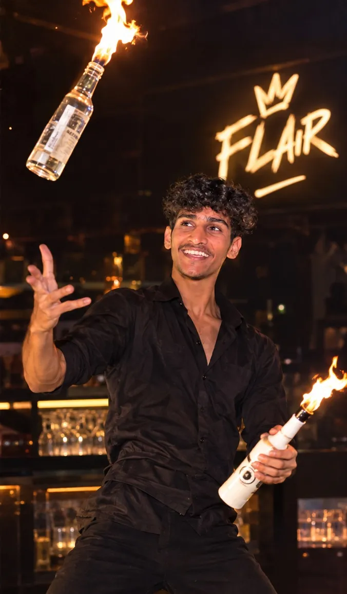 Bartender performing fire flair, tossing a flaming bottle in front of a neon FLAIR sign