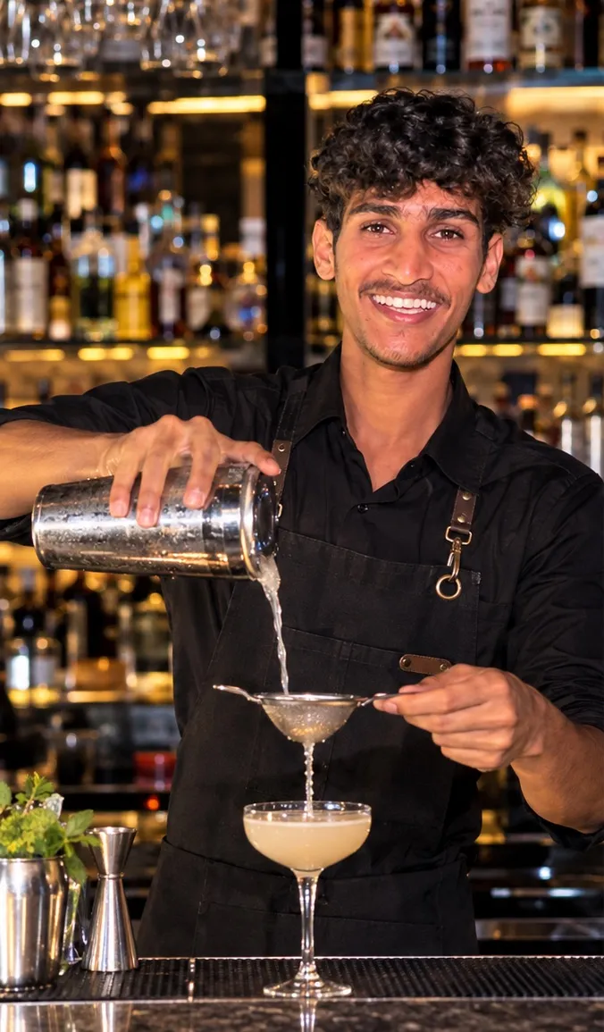 Bartender straining a freshly shaken cocktail into a coupe glass